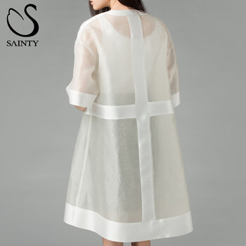 舜天SAINTY2016春新款真丝欧根纱廓型风衣女中长款 欧美风薄外套上衣 白色 M/165-清凉桑蚕丝 秋季正好