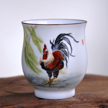 纯手工主人杯茶杯单杯手绘新彩公鸡景德镇薄胎茶具 单只价