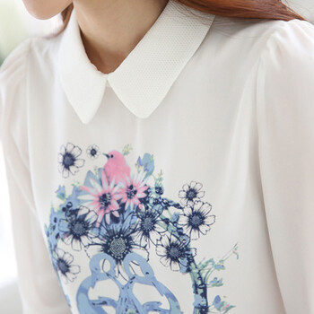 洛凡朵2015新款短袖无袖长袖衬衫女修身印花雪纺衫 长袖 XXL