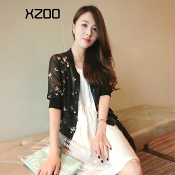 XZOO2016新款女装春夏小鸟印花宽松短袖中长款雪纺开衫外搭防晒衣 女薄 黑色 均码