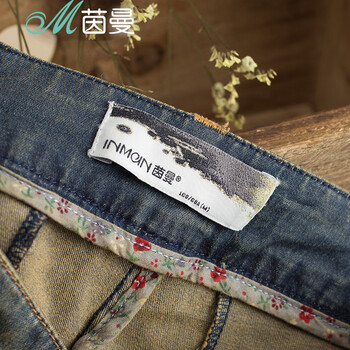 茵曼秋装新款复古水洗磨白百搭牛仔裤【8533330285】 牛仔蓝 160/68A/M