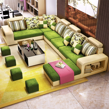 意米卡 布艺沙发组合 果绿色(318皮款) 沙发六件套 茶几 电视柜