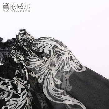 黛依威尔春夏新品乔其印花真丝上衣 套头松紧雪纺衫100%桑蚕丝 黑色 M