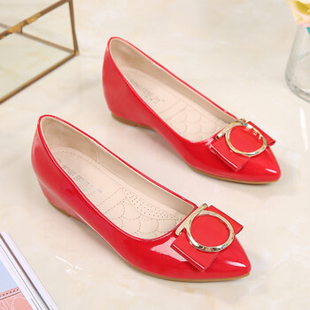 女内增高尖头平底小码女鞋31 32 33春秋冬坡跟中跟单鞋 红色 40