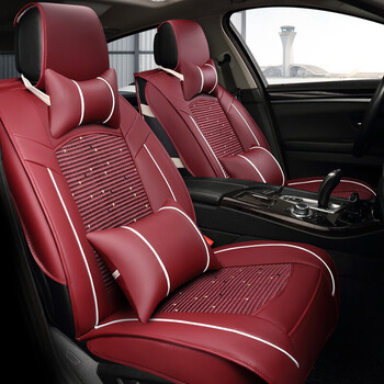 睿卡 汽车座垫 皮革 冰丝坐垫 四季通用座垫b05 酒红色-豪华版(带头枕