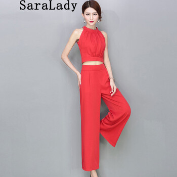Saralady 2015名媛夏装新款性感无袖露脐雪纺T恤高腰阔腿休闲长裤套装女 黑色 M