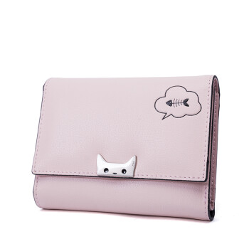 PLOVER 女士钱包 牛皮女式短款皮夹钱包 可爱猫咪零钱包手包 P17301L138粉色