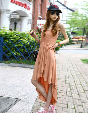 想町2014春款上新欧美风不规则下摆燕尾显瘦连衣裙lyq536裸粉色均码