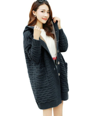 秋冬季新款女装韩版宽松大码连帽加厚针织开衫中长款加绒毛衣外套