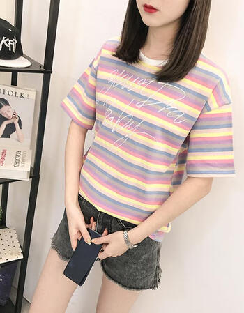 古黛妃 纯棉2019夏季新款条纹短袖t恤女韩版学生宽松体恤衫亮色时尚