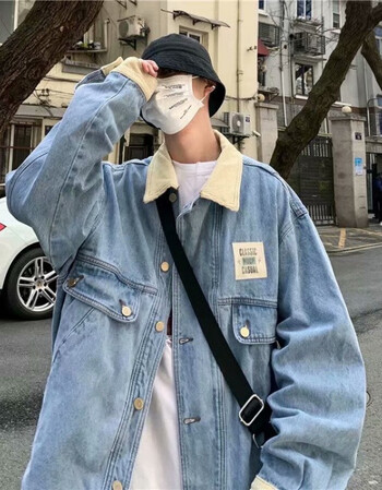 131518岁初中生高中生大学男生春秋款日系复古宽松翻领牛仔夹克外套
