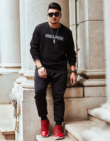 男秋季圆领套头加肥加大肥佬胖子宽松青少年休闲运动卫衣套装 黑衣黑