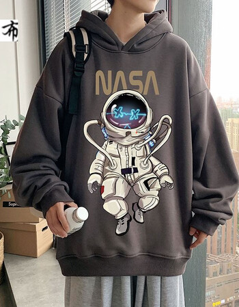 良布宇航员联名带帽男生卫衣冬天加绒加厚连帽外套韩版潮流印花带帽