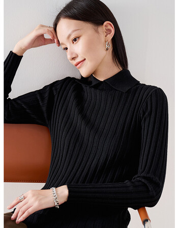 初棉复古翻领纯羊毛黑色毛衣女秋冬坑条显瘦保暖羊毛衫针织打底矿石黑