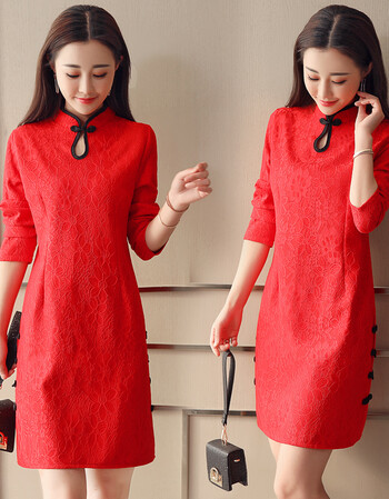 衣服喜庆拜年服女装大人中国风2019新年新式旗袍连衣裙改良新品 红色