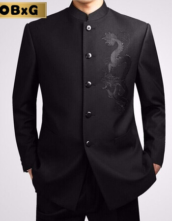 青山装套装中华立领修身西服中国风演出服结婚礼服唐装男单上衣绣龙款