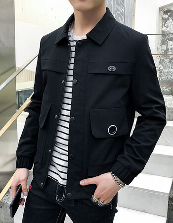 新款男士外套春装韩版潮流工装帅气休闲港风男装春夹克衣服 黑色 m