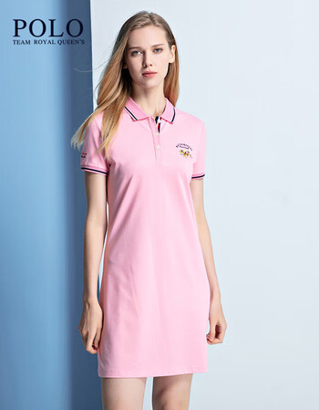 保罗女装春夏新款polo领纯色连衣裙中长款翻领休闲修身运动a字裙粉色