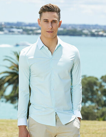 degrezero新款零度衬衣休闲商务男士条纹拼接长袖衬衫舒适淡青色淡