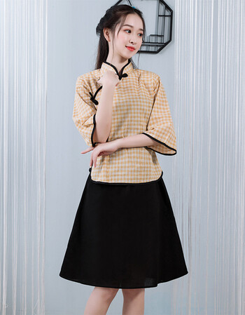 学生装青年装女复古班校服校园风毕业合唱演出服成人 浅黄色短裙款 s