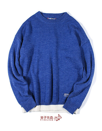 子先森毛衣男圆领套头春季韩版潮流长袖针织衫打底毛线衣毛衫 蓝  