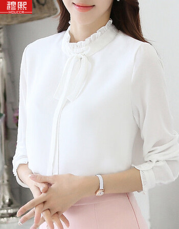 穆熙白色长袖衬衣女2019新款女装蝴蝶结领荷叶边雪纺衫女上衣衬衫长袖