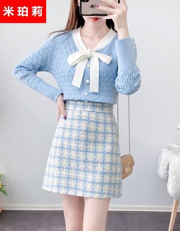 米珀莉时尚两件套套装裙针织连衣裙春款小香风显瘦21甜美减龄蝴蝶结长袖毛衣 小香风半身裙短裙蓝色毛衣 蓝色裙
