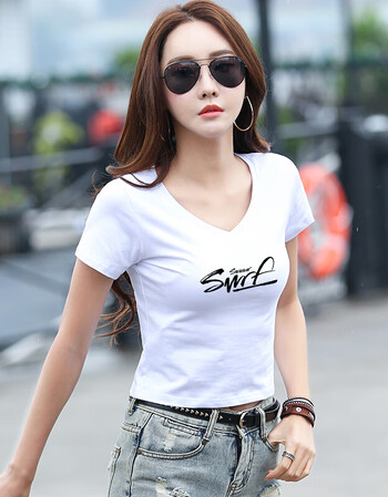 清凉超短露肚脐紧身上衣夏天t恤白色女短袖v领漏肚脐高腰短款装修身露