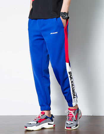 花花公子秋冬新款侧边撞色字母休闲裤束脚男式运动裤潮男裤子 蓝色 m