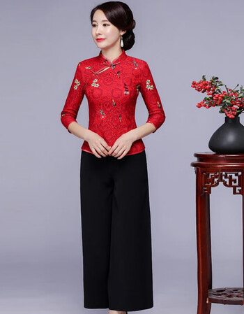 妈妈婚礼唐装两件套套装阔腿裤女秋装礼服蕾丝旗袍上衣七分袖红色抖音