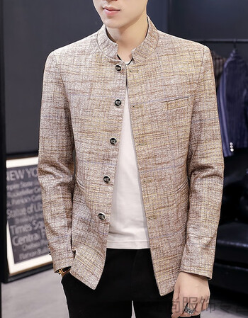 秋装新款青年立领中山装西服男士开衫马褂商务休闲小西装外套681卡其