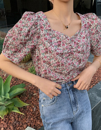 La Crawfish 夏末清仓 玫瑰碎花复古泡泡袖时尚减龄气质休闲女士雪纺衬衫玫瑰花园m 图片价格品牌报价 京东