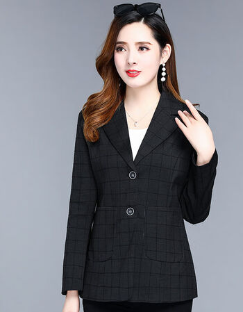 春秋流行格子长袖小西装女薄款外套休闲女神范西服褂子上衣女纯黑色
