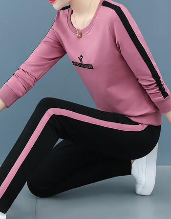 运动服套装女2020韩版新款大码宽松春秋款时尚休闲跑步两件套粉色115l