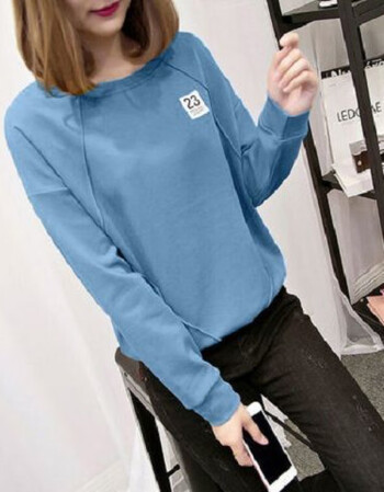 长袖t恤女套头圆领卫衣女春秋季新款韩版学生薄款宽松上衣女天蓝色m80