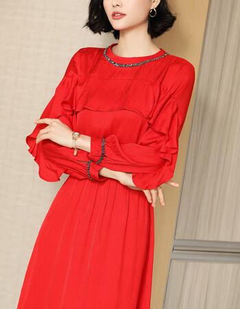 2019春装新款红色圆领长袖连衣裙女色百搭时尚荷叶边收腰a字裙 红色 s