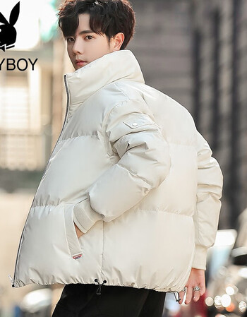 花花公子正品羽绒服男2021新款潮流冬季短款帅气男士加厚外套 米白色