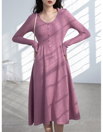 eggka中长款v领针织连衣裙女秋冬2021新款内搭收腰气质长裙子粉红色