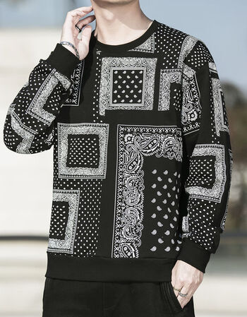 高品质男士卫衣春款腰果花卫衣男士春秋季圆领宽松上衣服潮流打底衫