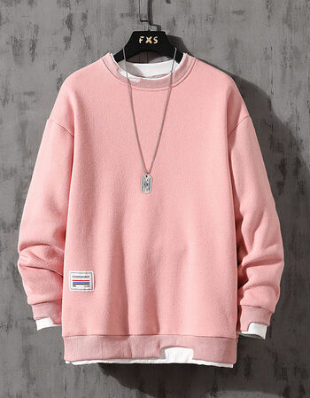 新款加绒卫衣男士ins上衣男情侣宽松圆领假两件加厚长袖2020潮流粉色