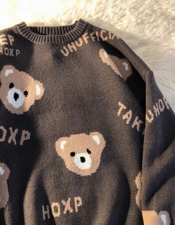 妙微熊圣诞节新年可爱小熊酒红色毛衣冬季情侣装宽松百搭套头针织衫