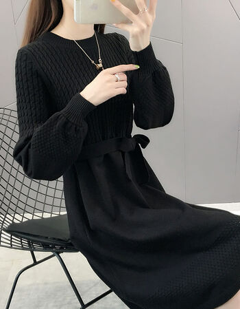 新款长裙子女装加厚针织连衣裙收腰显瘦气质中长款打底衫毛衣黑色3xl