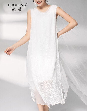 背心裙桑蚕丝绣花2019夏季新款气质海边度假长款无袖连衣裙女 白色 s