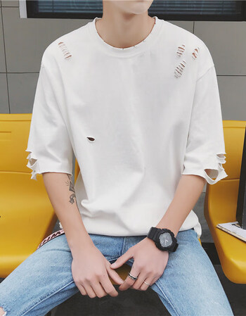 破洞t恤男高街乞丐破烂半袖夏装潮男短袖t恤破洞个性五分袖中袖上衣服