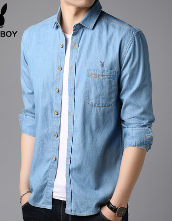 花花公子牛仔衬衫男短袖韩版潮流帅气衬衣夏天外套纯棉内衬衣服男b28c