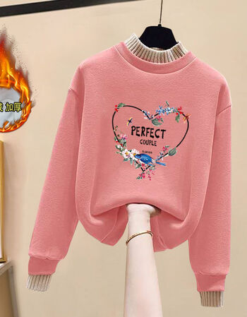 lnan女装卫衣加绒加厚秋冬款2021新款冬季保暖上衣韩版时髦打底衫粉色