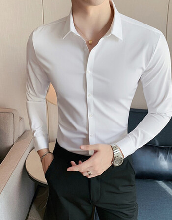 金盾kindon高弹力冰绸缎滑衬衫男长袖修身韩版潮流痞帅白衬衣垂感紧身