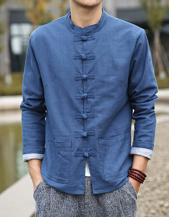 中国风棉麻夹克男中式亚麻盘扣休闲上衣宽松复古潮流大码装外套 孔