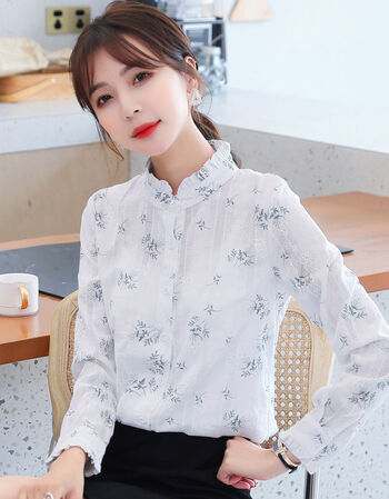 冬季女款加厚衬衫2021秋冬装新款女士木耳立领衬衫女长袖碎花加绒加厚