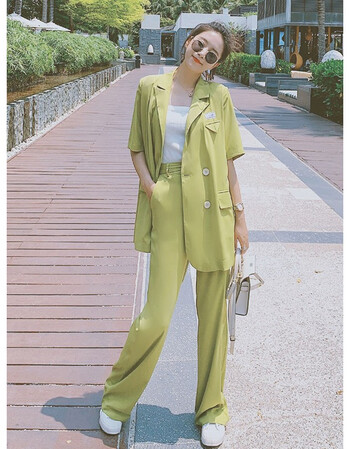 减龄西装套装女2021夏季新款休闲西服上衣阔腿长裤两件套薄款黄绿色l